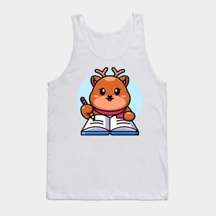 Cute deer writing on book with pencil cartoon Tank Top